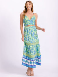 WOMEN'S SLEEVELESS SMOCK CROP TOP & ZIP UP MAXI SKIRT LACE FLORAL 2PC. SET