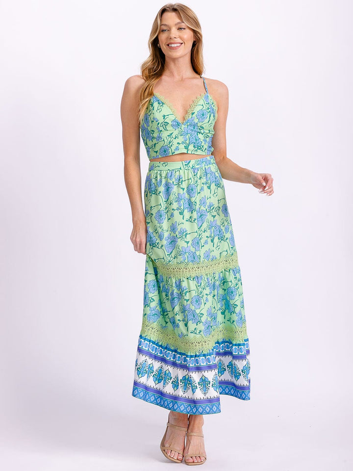 WOMEN'S SLEEVELESS SMOCK CROP TOP & ZIP UP MAXI SKIRT LACE FLORAL 2PC. SET