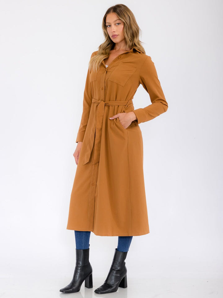 WOMEN'S LONG SLEEVE BUTTON UP SELF TIE FRONT POCKETS MAXI DRESS