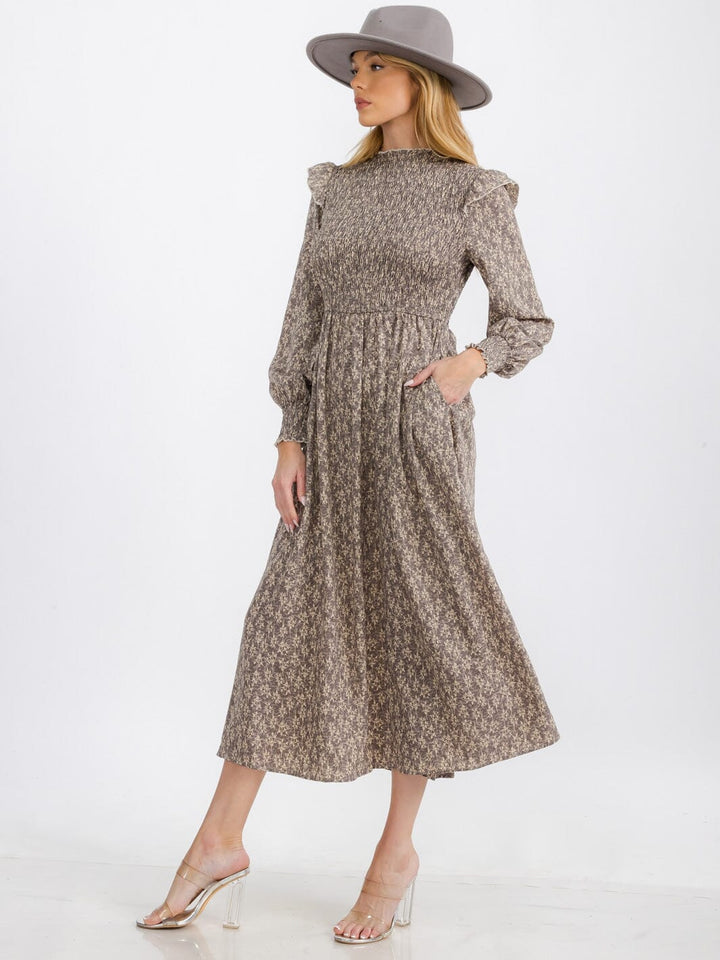 WOMEN'S LONG SLEEVE FRONT POCKET FLOWER SMOCK MAXI DRESS