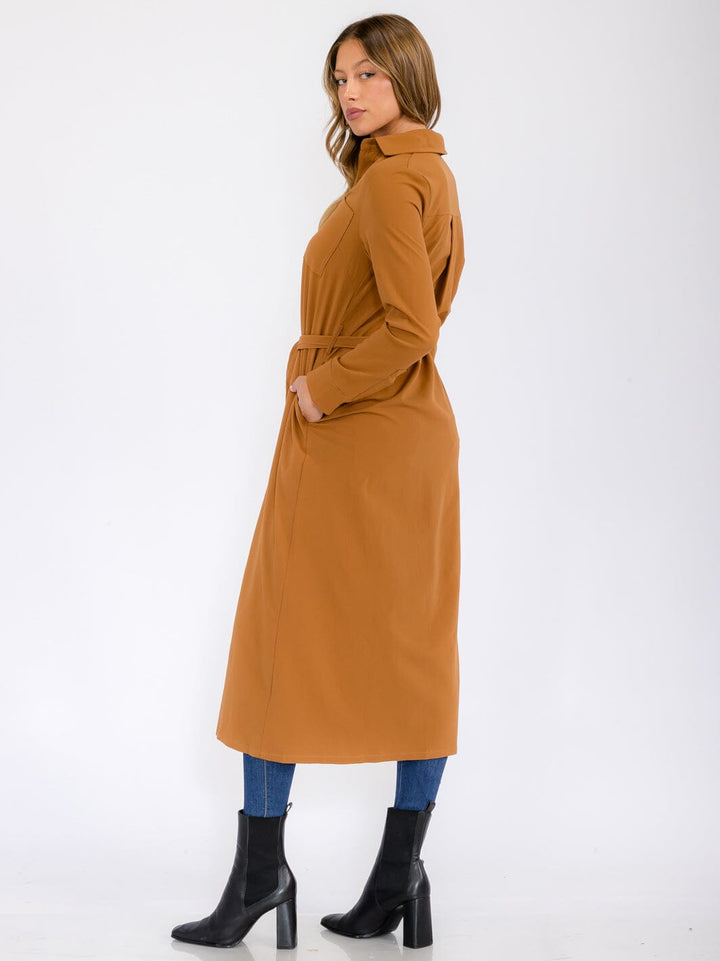 WOMEN'S LONG SLEEVE BUTTON UP SELF TIE FRONT POCKETS MAXI DRESS