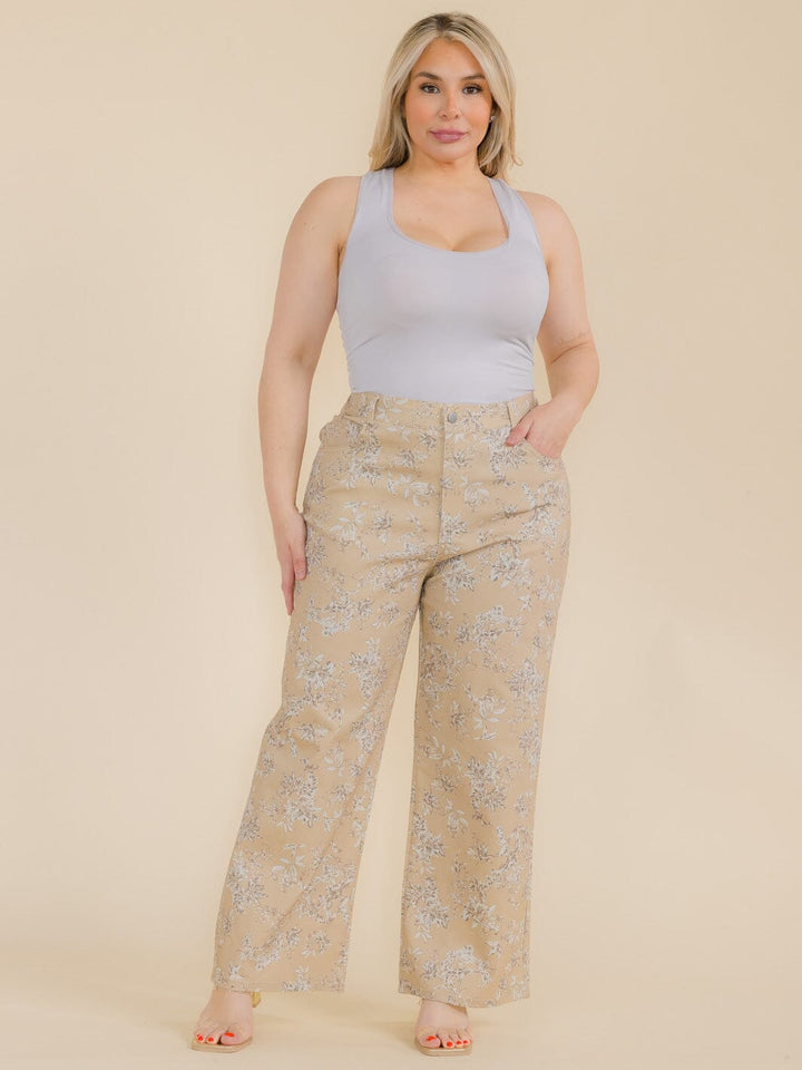 PLUS SIZE BUTTON CLOSURE POCKETS FLORAL WIDE LEG DENIM PANTS