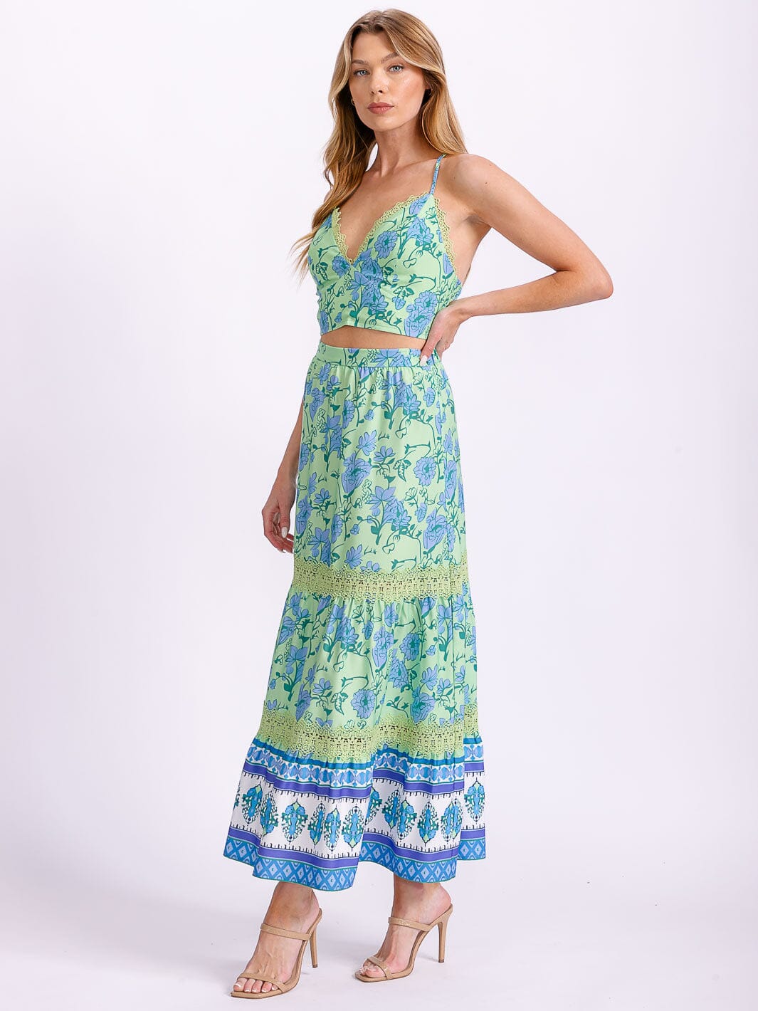 WOMEN'S SLEEVELESS SMOCK CROP TOP & ZIP UP MAXI SKIRT LACE FLORAL 2PC. SET