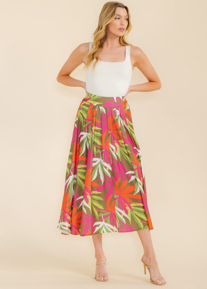 WOMEN'S ELASTIC WAIST LEAF PRINT MAXI SKIRT