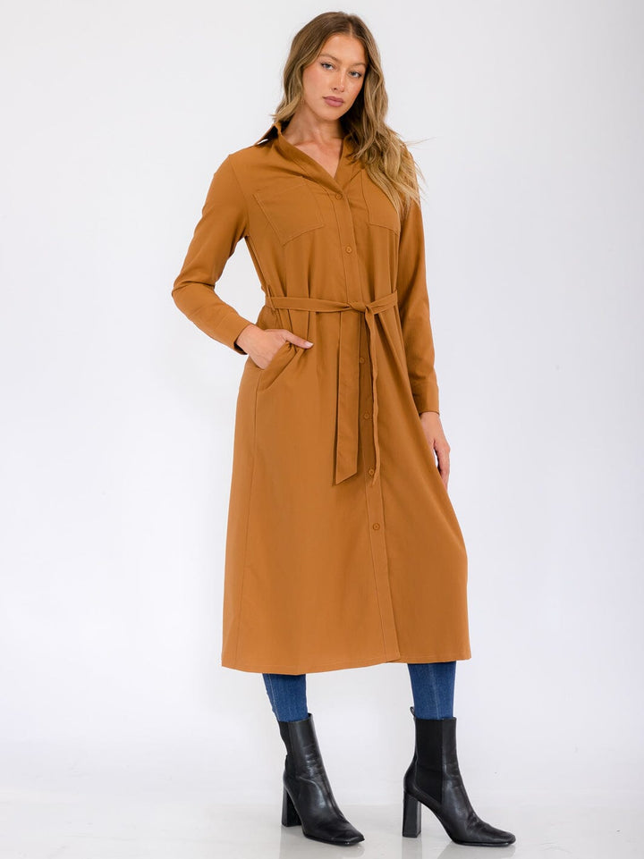 WOMEN'S LONG SLEEVE BUTTON UP SELF TIE FRONT POCKETS MAXI DRESS