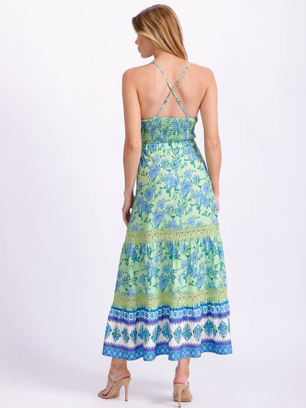 WOMEN'S SLEEVELESS SMOCK CROP TOP & ZIP UP MAXI SKIRT LACE FLORAL 2PC. SET