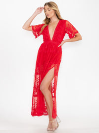 WOMEN'S SHORT SLEEVE V-NECK ALL OVER LACE MAXI DRESS