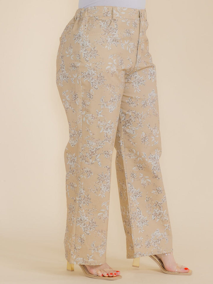 PLUS SIZE BUTTON CLOSURE POCKETS FLORAL WIDE LEG DENIM PANTS