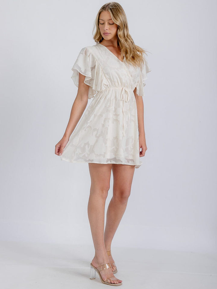 WOMEN'S SHORT SLEEVE ELASTIC WAIST SURPLICE DETAILED MINI DRESS