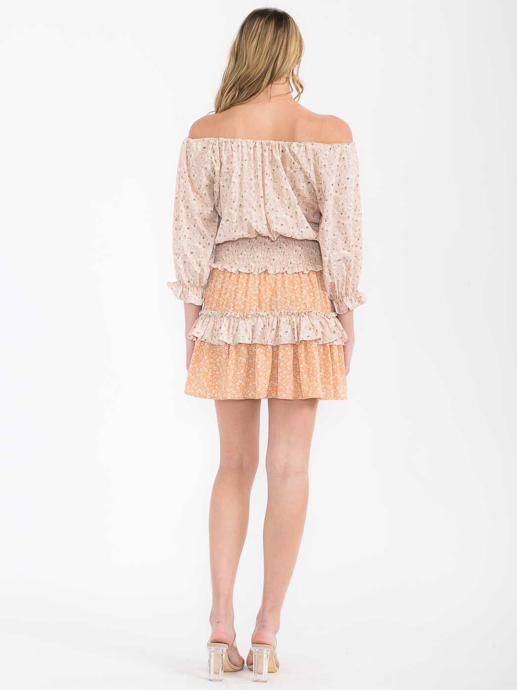 WOMEN'S OFF SHOULDER 3/4 SLEEVE SMOCK WAIST TIERED FLORAL MINI DRESS