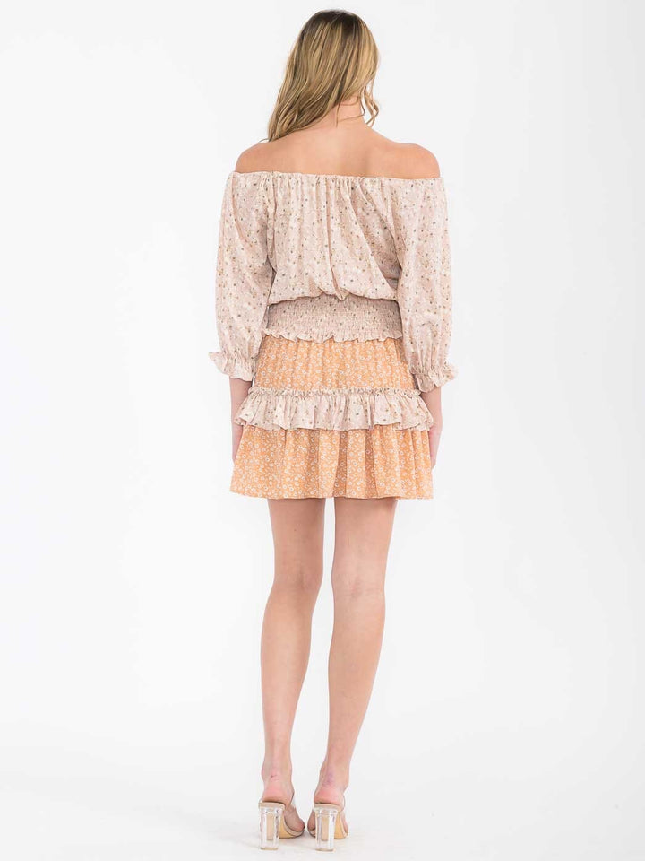 WOMEN'S OFF SHOULDER 3/4 SLEEVE SMOCK WAIST TIERED FLORAL MINI DRESS