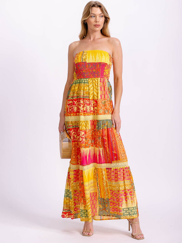 WOMEN'S SLEEVELESS SMOCK TIERED COLORBLOCK TUBE MAXI DRESS
