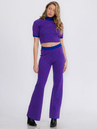 WOMEN'S SHORT SLEEVE CROP TOP & ELASTIC WAIST PANTS COLORBLOCK PRINTED 2PC.SET