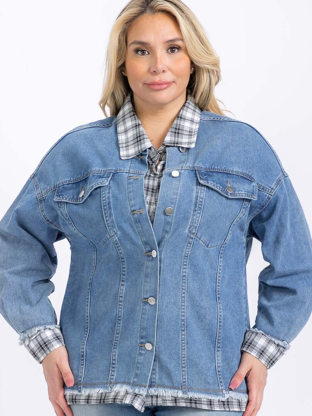 PLUS SIZE LONG SLEEVE BUTTON CLOSURE FRONT POCKETS DENIM JACKET