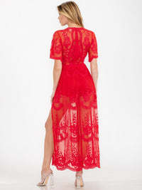 WOMEN'S SHORT SLEEVE V-NECK ALL OVER LACE MAXI DRESS