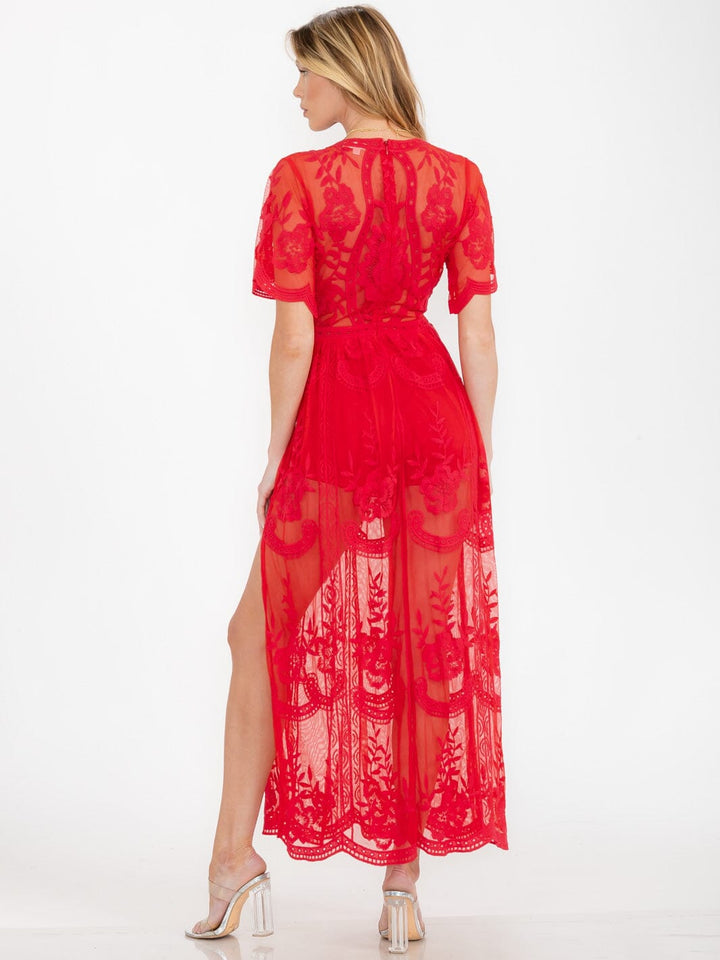 WOMEN'S SHORT SLEEVE V-NECK ALL OVER LACE MAXI DRESS