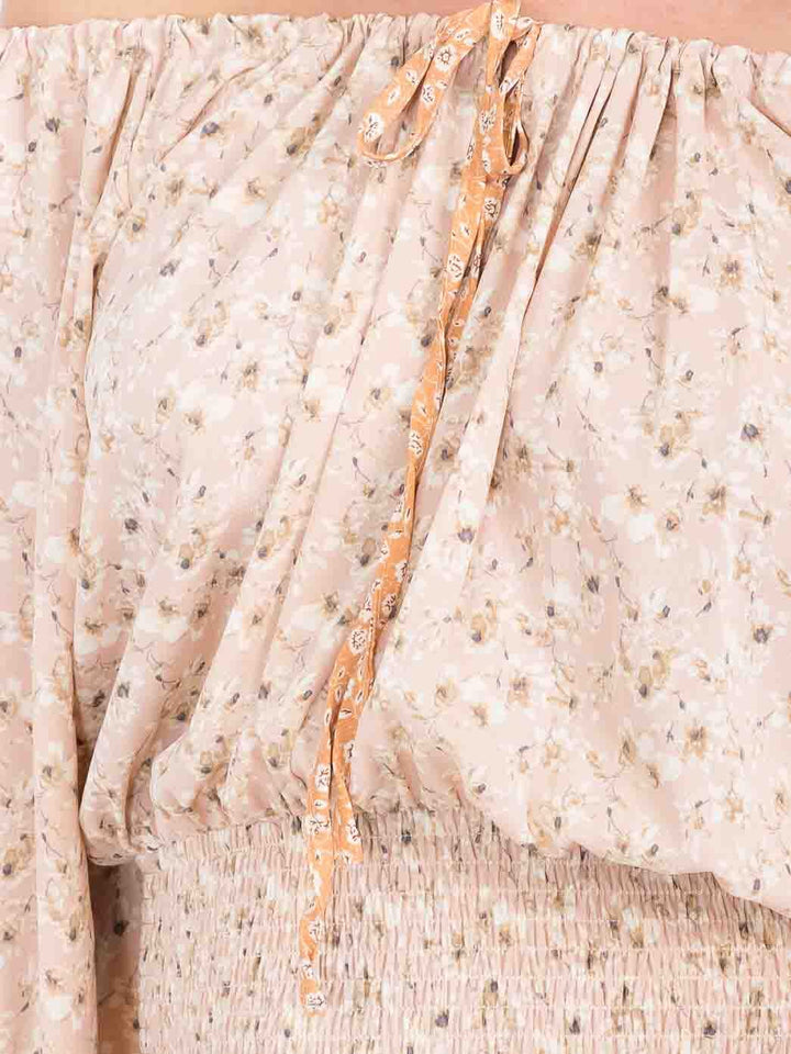 WOMEN'S OFF SHOULDER 3/4 SLEEVE SMOCK WAIST TIERED FLORAL MINI DRESS