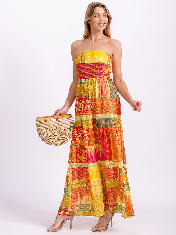 WOMEN'S SLEEVELESS SMOCK TIERED COLORBLOCK TUBE MAXI DRESS