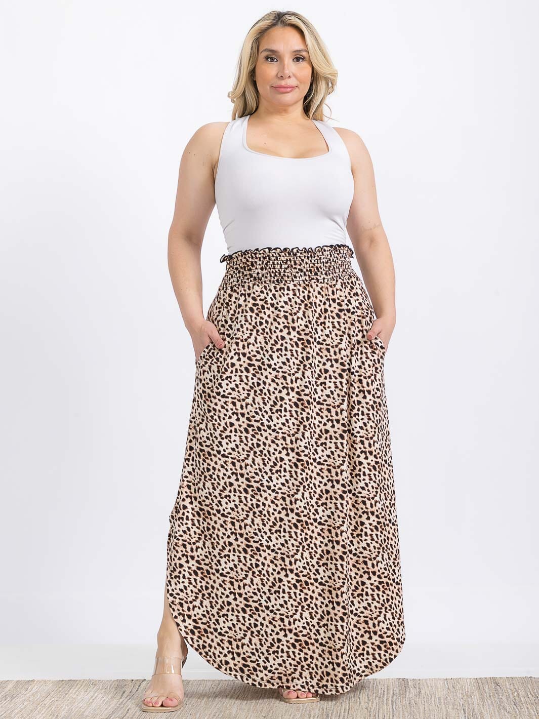 PLUS SIZE ELASTIC WAIST SIDE SLIT ANIMAL PRINT MAXI SKIRT