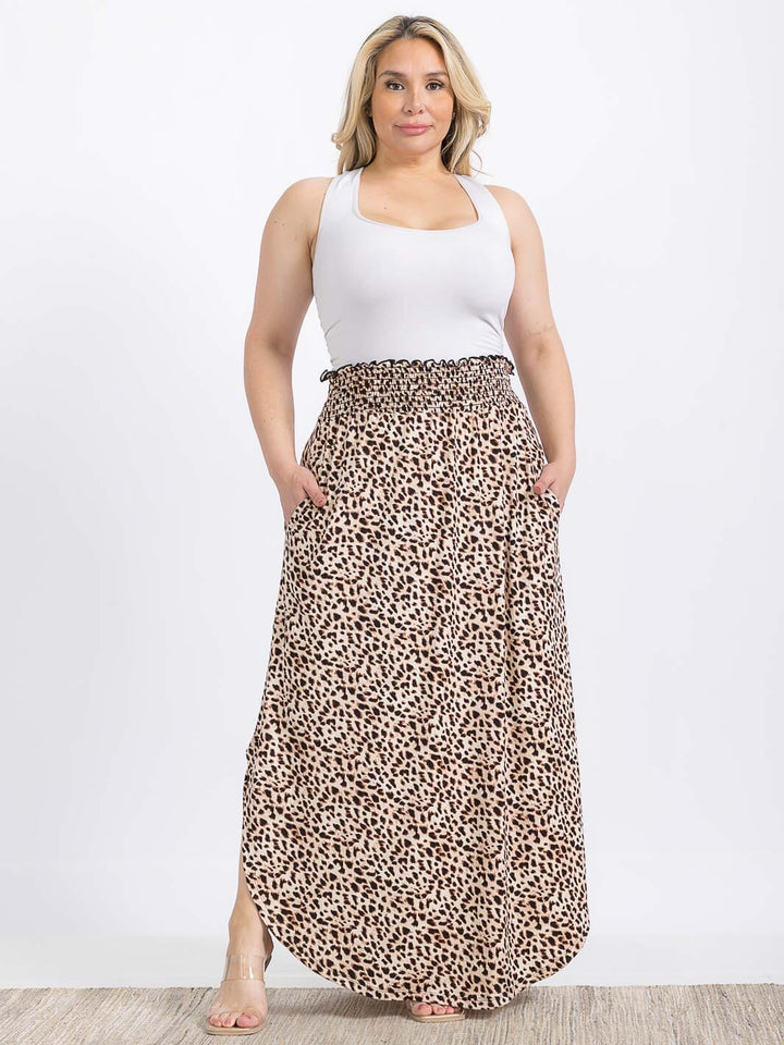 PLUS SIZE ELASTIC WAIST SIDE SLIT ANIMAL PRINT MAXI SKIRT