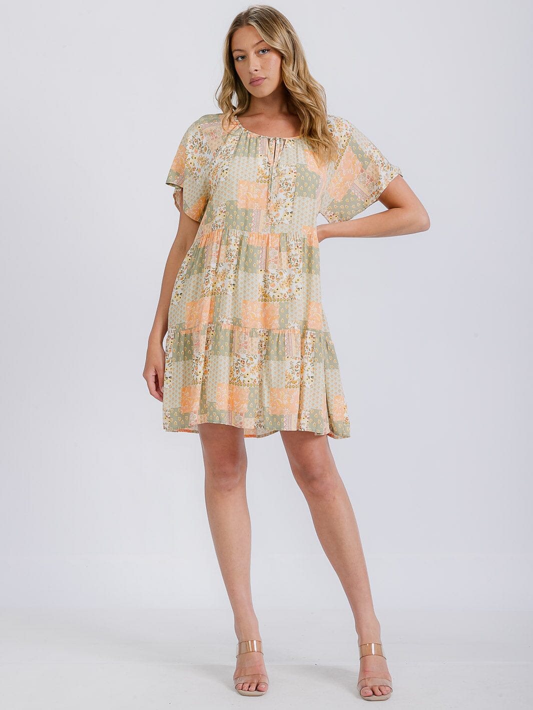 WOMEN'S SHORT SLEEVE BOARDER PRINT V-NECK MINI DRESS