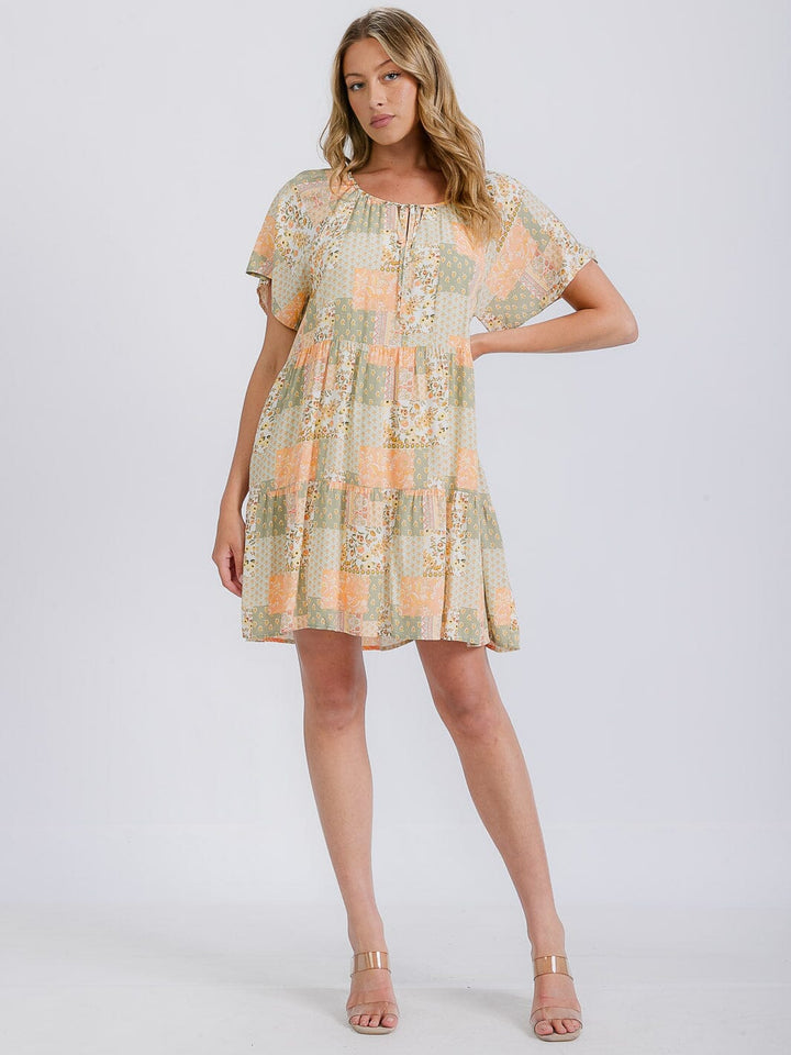 WOMEN'S SHORT SLEEVE BOARDER PRINT V-NECK MINI DRESS