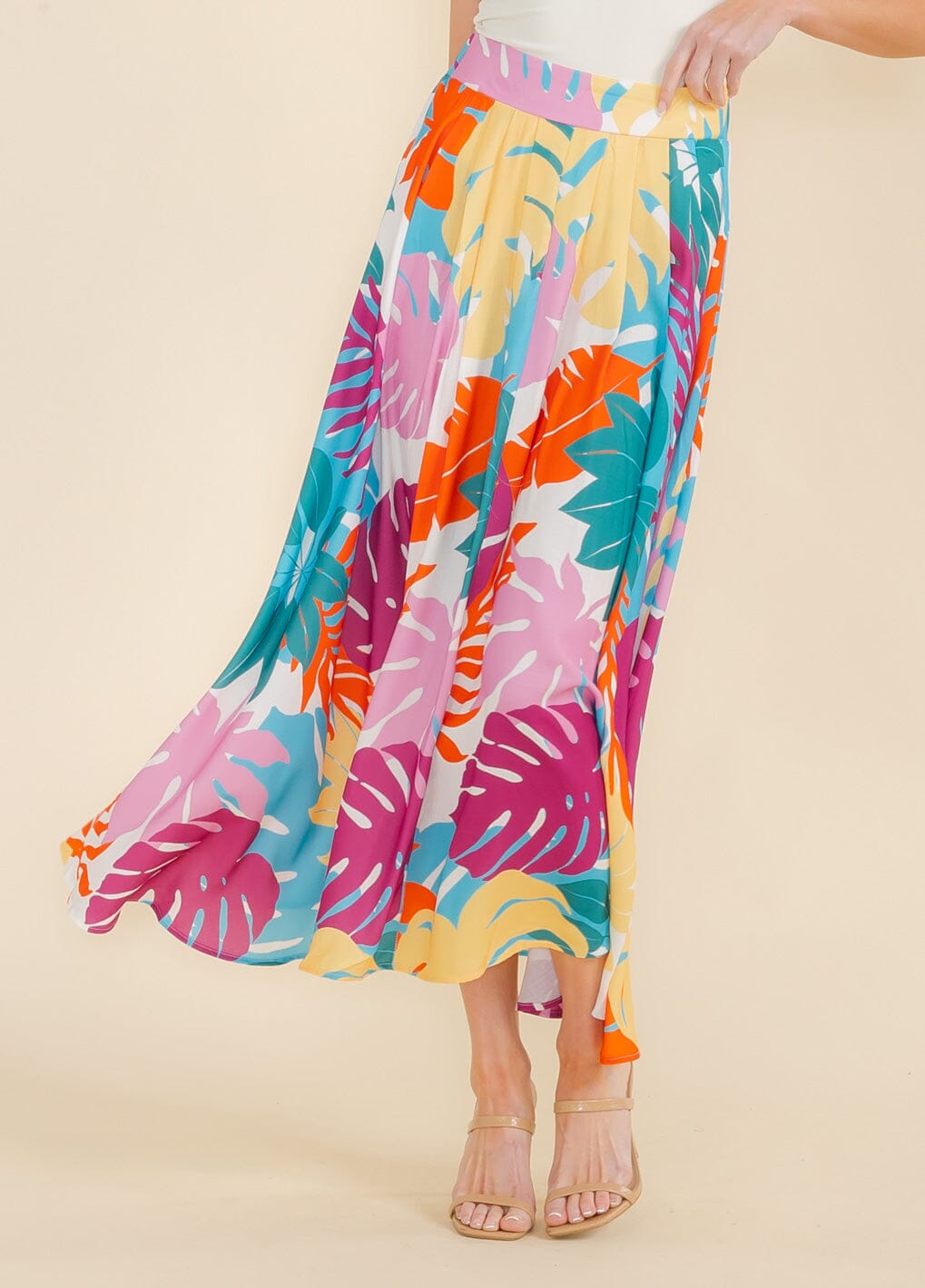 WOMEN'S ELASTIC WAIST LEAF PRINT MAXI SKIRT