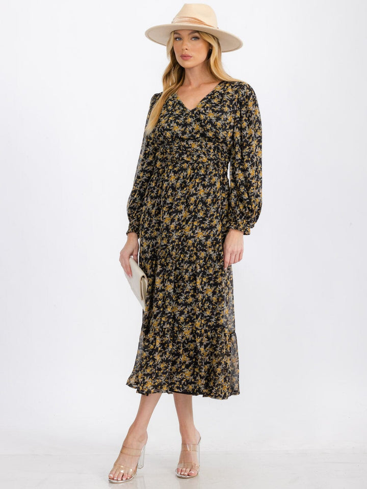 WOMEN'S LONG SLEEVE V-NECK ELASTIC WAIST FLOWER MAXI DRESS