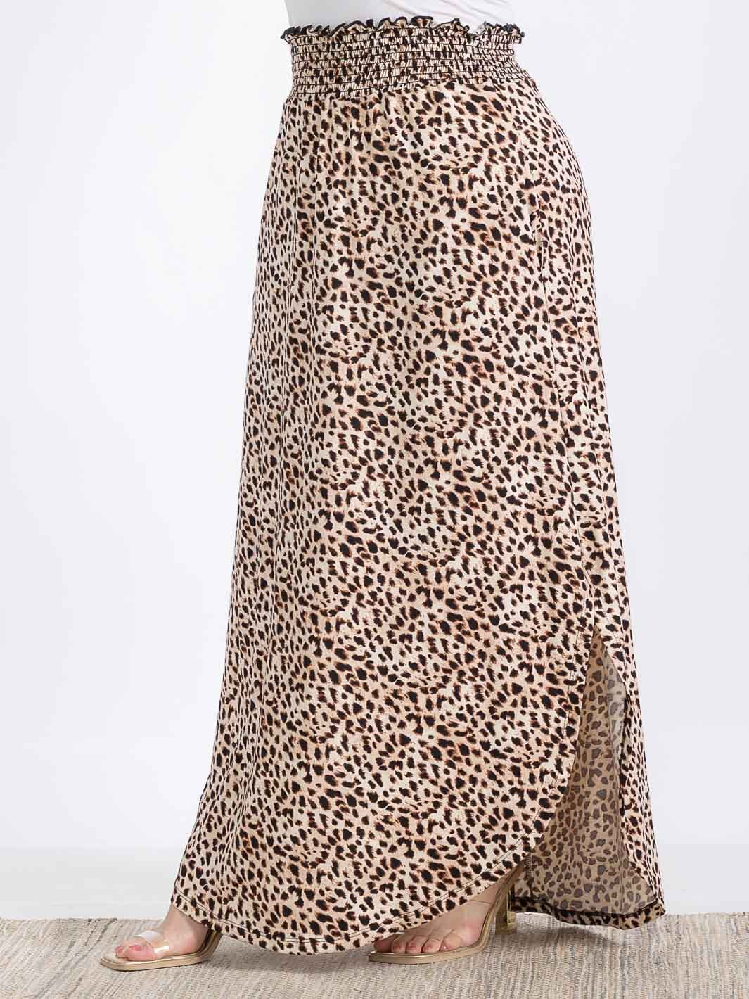 PLUS SIZE ELASTIC WAIST SIDE SLIT ANIMAL PRINT MAXI SKIRT