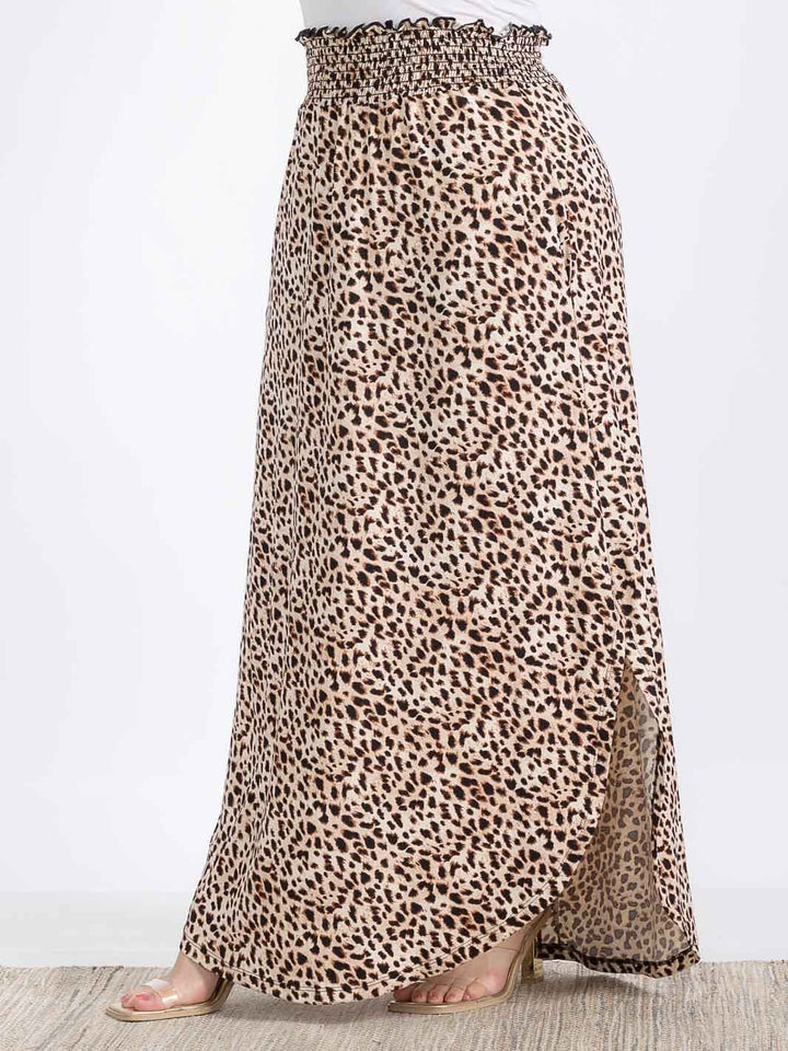 PLUS SIZE ELASTIC WAIST SIDE SLIT ANIMAL PRINT MAXI SKIRT