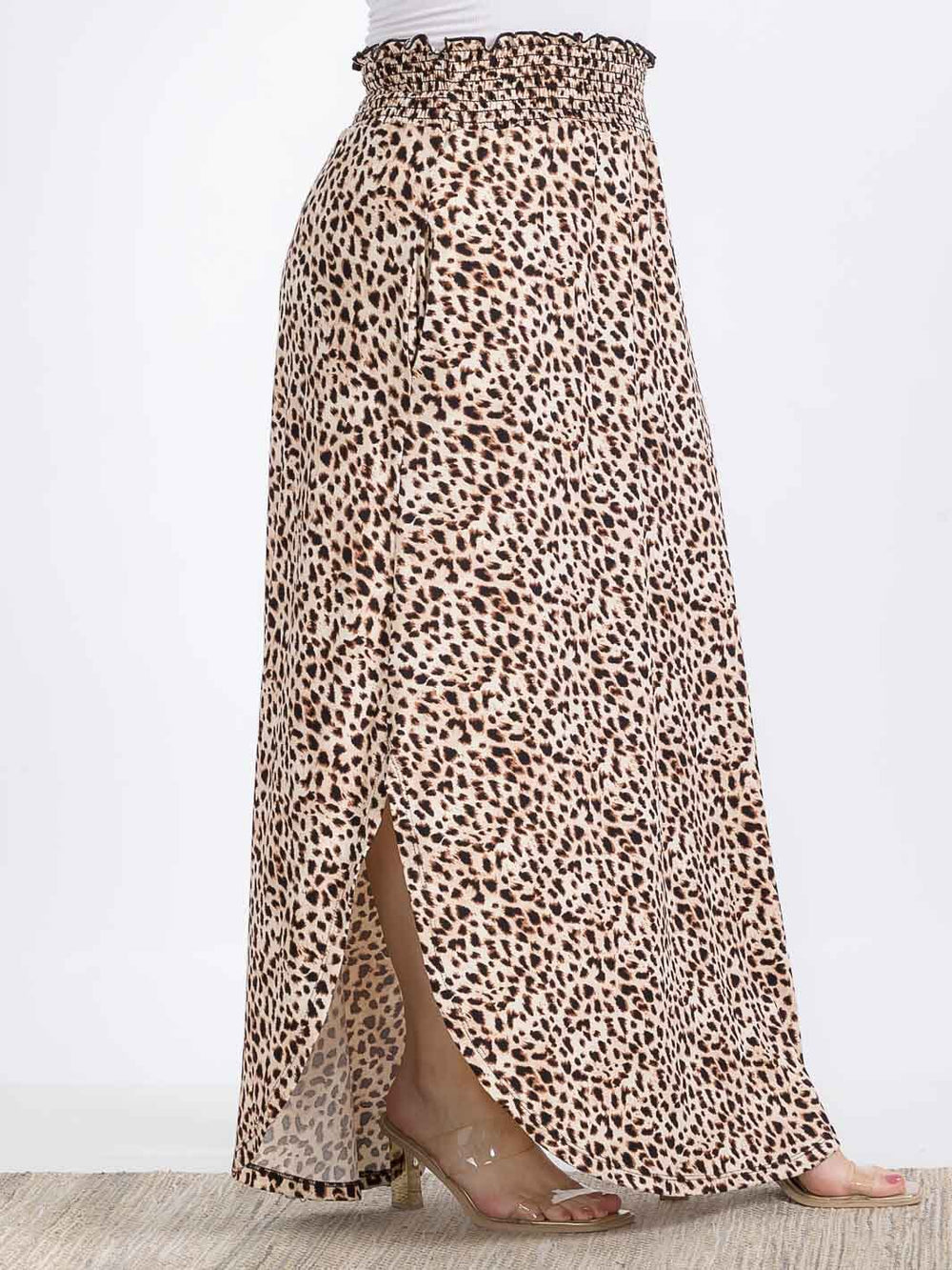 PLUS SIZE ELASTIC WAIST SIDE SLIT ANIMAL PRINT MAXI SKIRT
