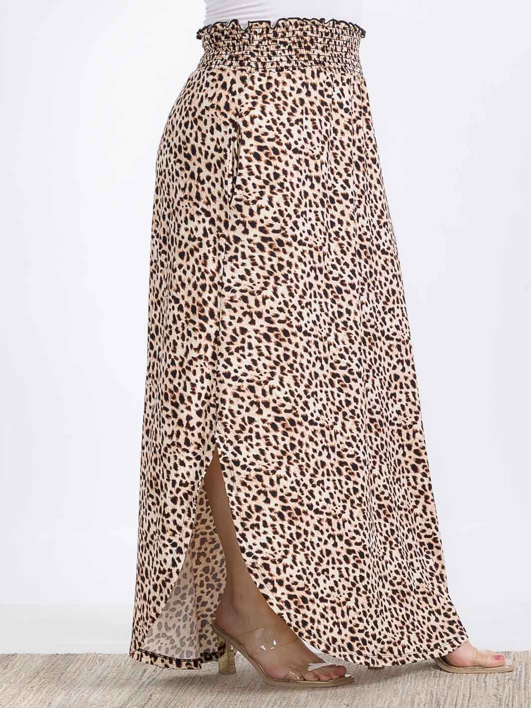 PLUS SIZE ELASTIC WAIST SIDE SLIT ANIMAL PRINT MAXI SKIRT