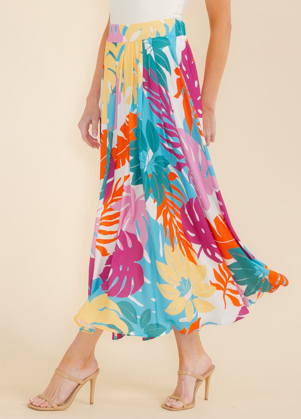 WOMEN'S ELASTIC WAIST LEAF PRINT MAXI SKIRT