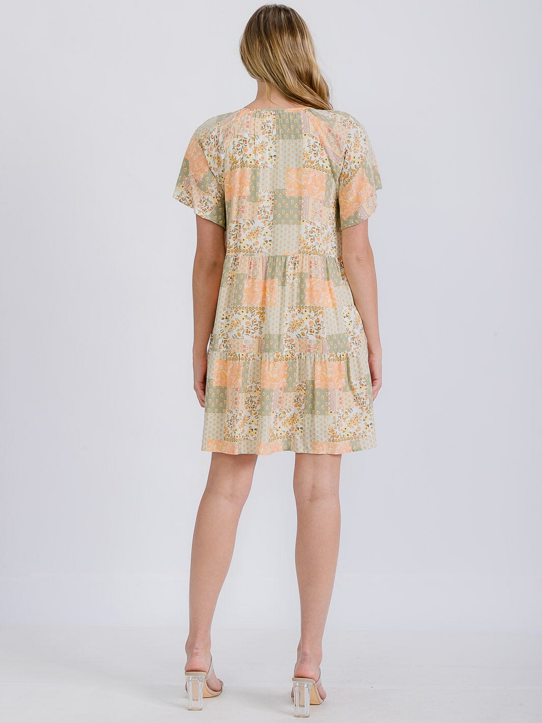 WOMEN'S SHORT SLEEVE BOARDER PRINT V-NECK MINI DRESS