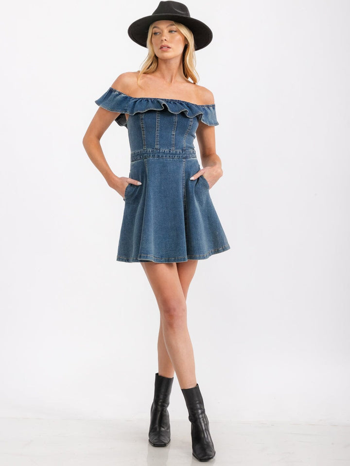 WOMEN'S SLEEVELESS OFF SHOULDER RUFFLE POCKETS DENIM MINI DRESS