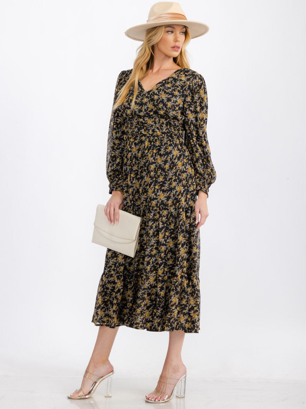 WOMEN'S LONG SLEEVE V-NECK ELASTIC WAIST FLOWER MAXI DRESS