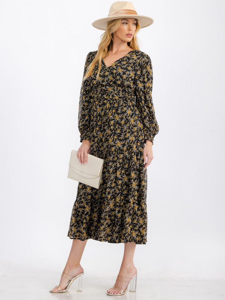 WOMEN'S LONG SLEEVE V-NECK ELASTIC WAIST FLOWER MAXI DRESS