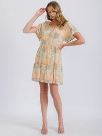 WOMEN'S SHORT SLEEVE BOARDER PRINT V-NECK MINI DRESS