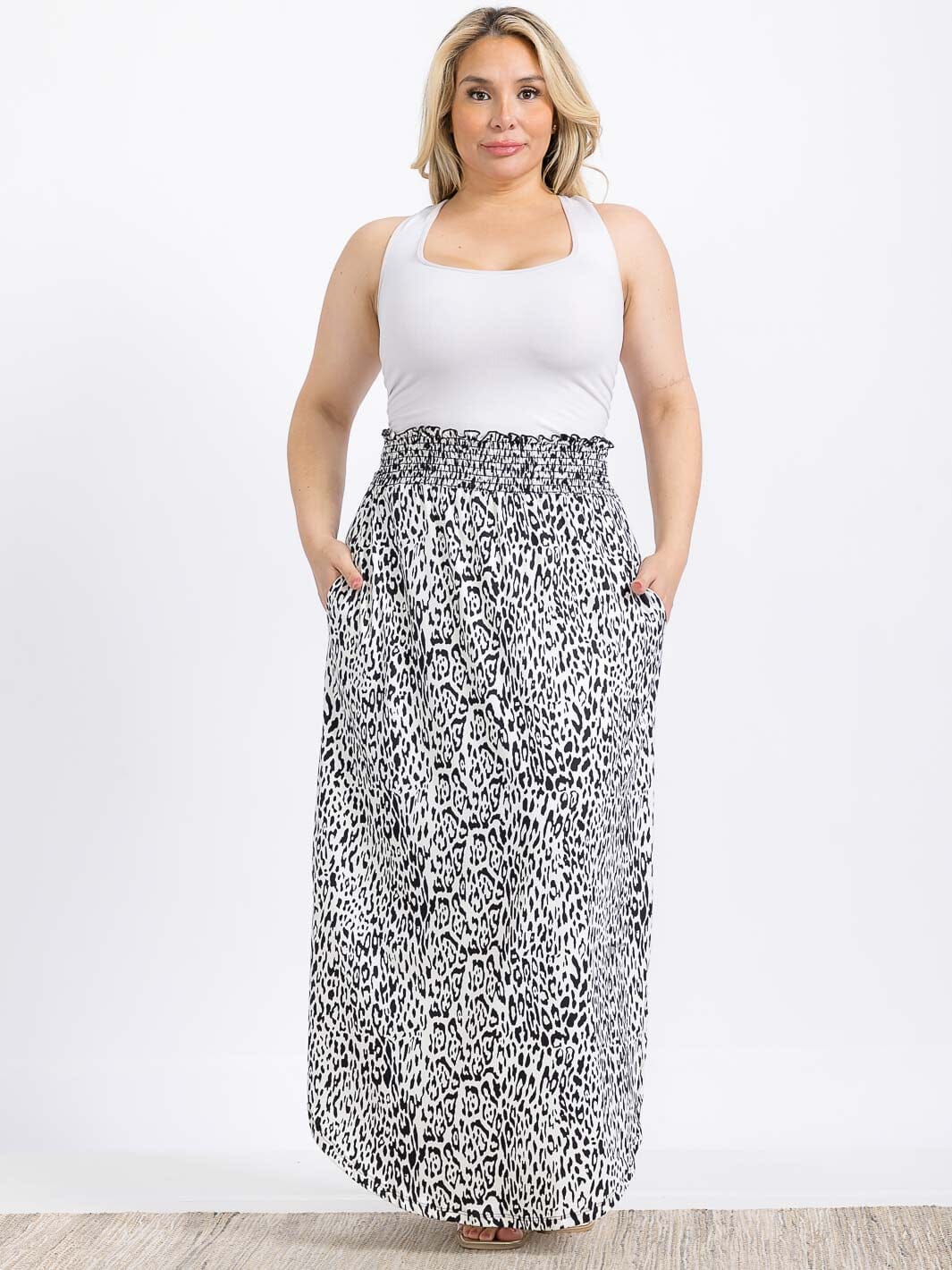 PLUS SIZE ELASTIC WAIST SIDE SLIT ANIMAL PRINT MAXI SKIRT