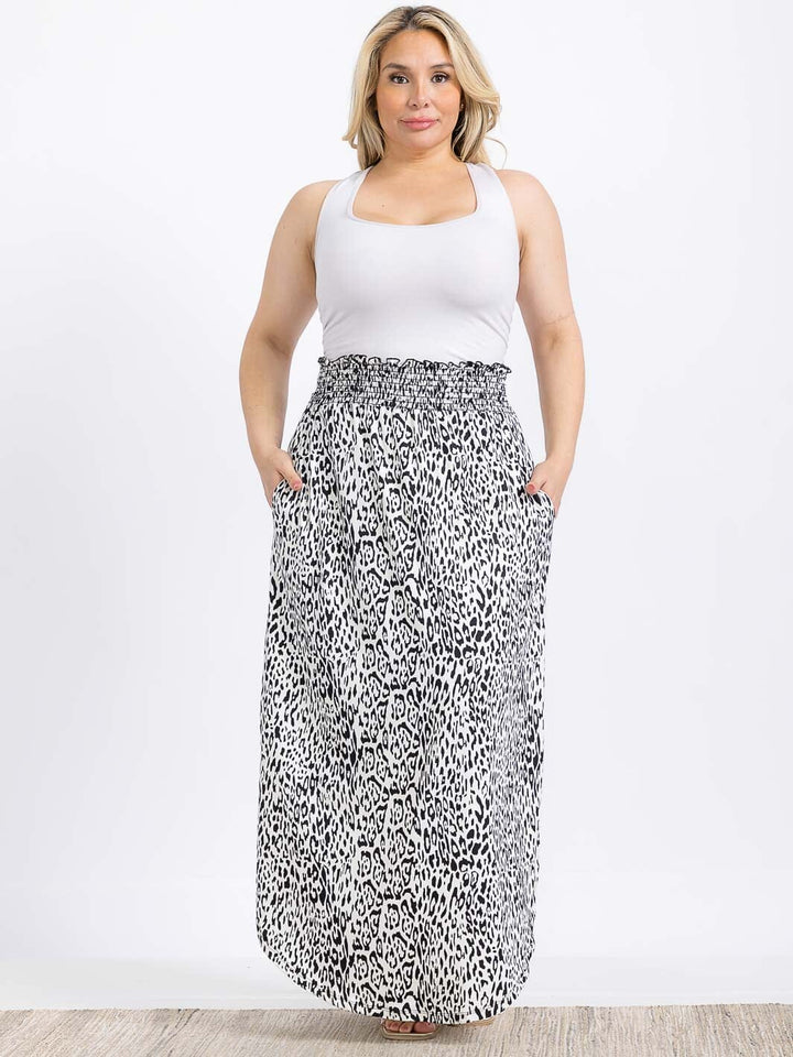 PLUS SIZE ELASTIC WAIST SIDE SLIT ANIMAL PRINT MAXI SKIRT
