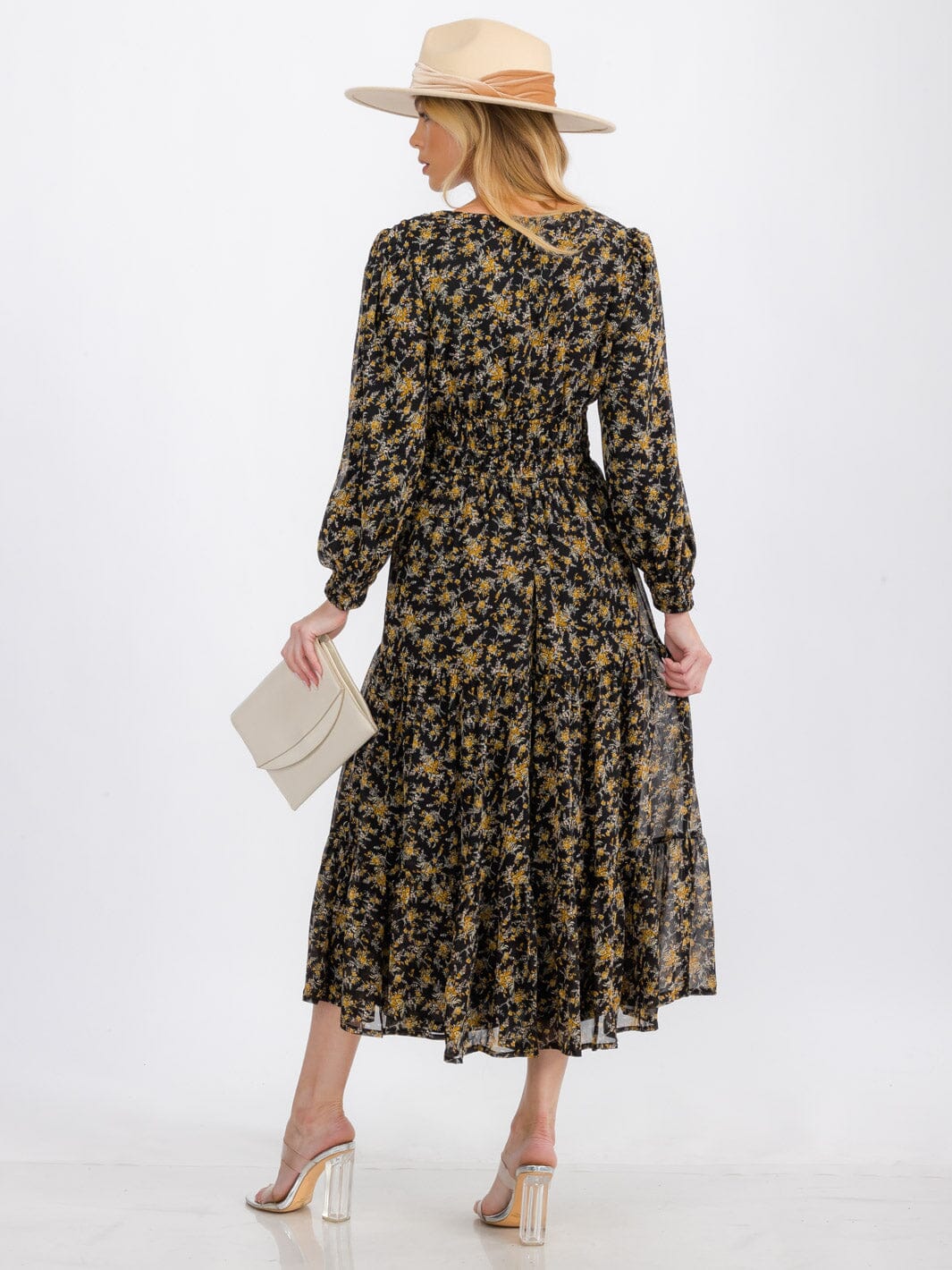 WOMEN'S LONG SLEEVE V-NECK ELASTIC WAIST FLOWER MAXI DRESS