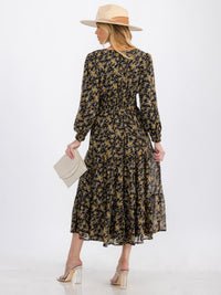 WOMEN'S LONG SLEEVE V-NECK ELASTIC WAIST FLOWER MAXI DRESS