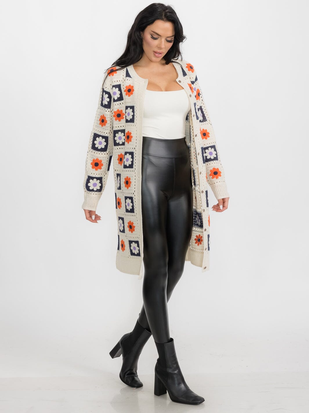 WOMEN'S LONG SLEEVES BUTTON CLOSURE KNIT FLORAL CARDIGAN