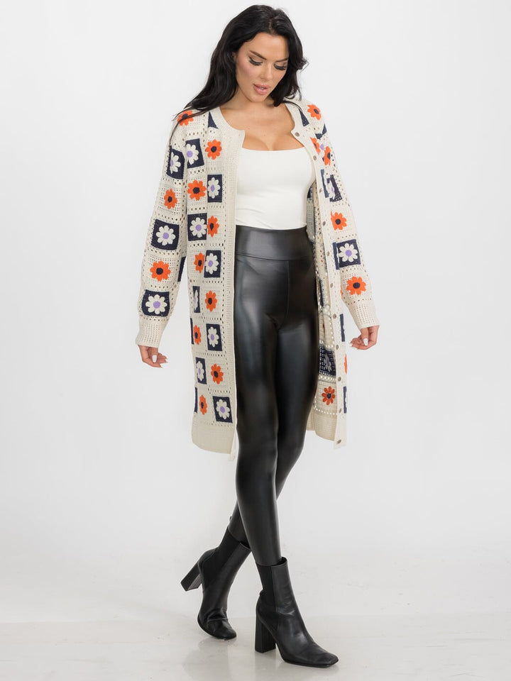 WOMEN'S LONG SLEEVES BUTTON CLOSURE KNIT FLORAL CARDIGAN