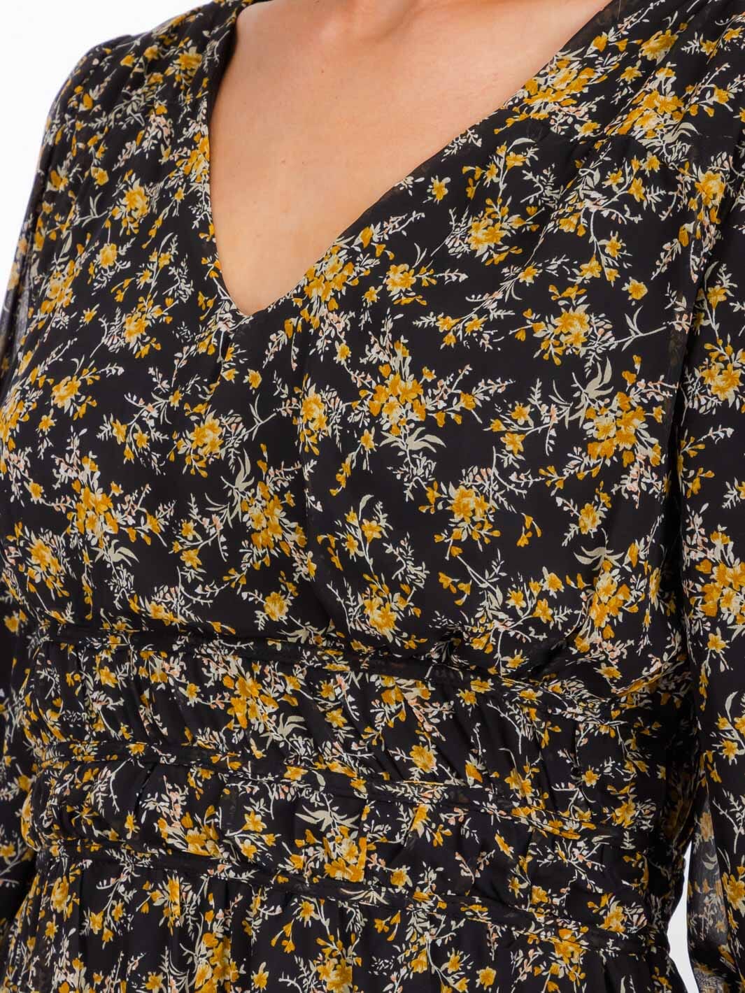 WOMEN'S LONG SLEEVE V-NECK ELASTIC WAIST FLOWER MAXI DRESS