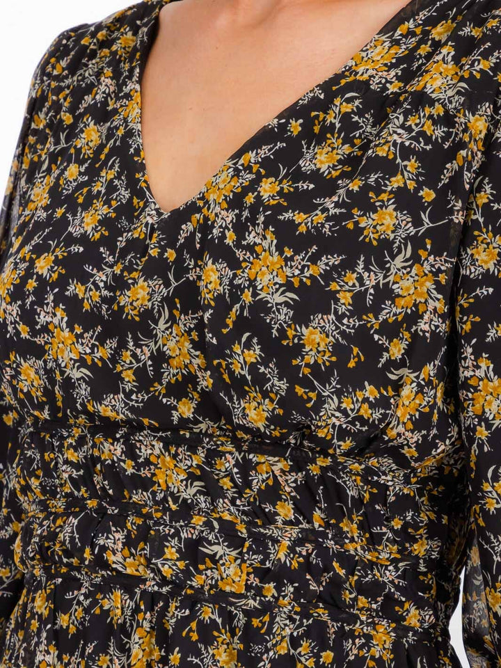 WOMEN'S LONG SLEEVE V-NECK ELASTIC WAIST FLOWER MAXI DRESS