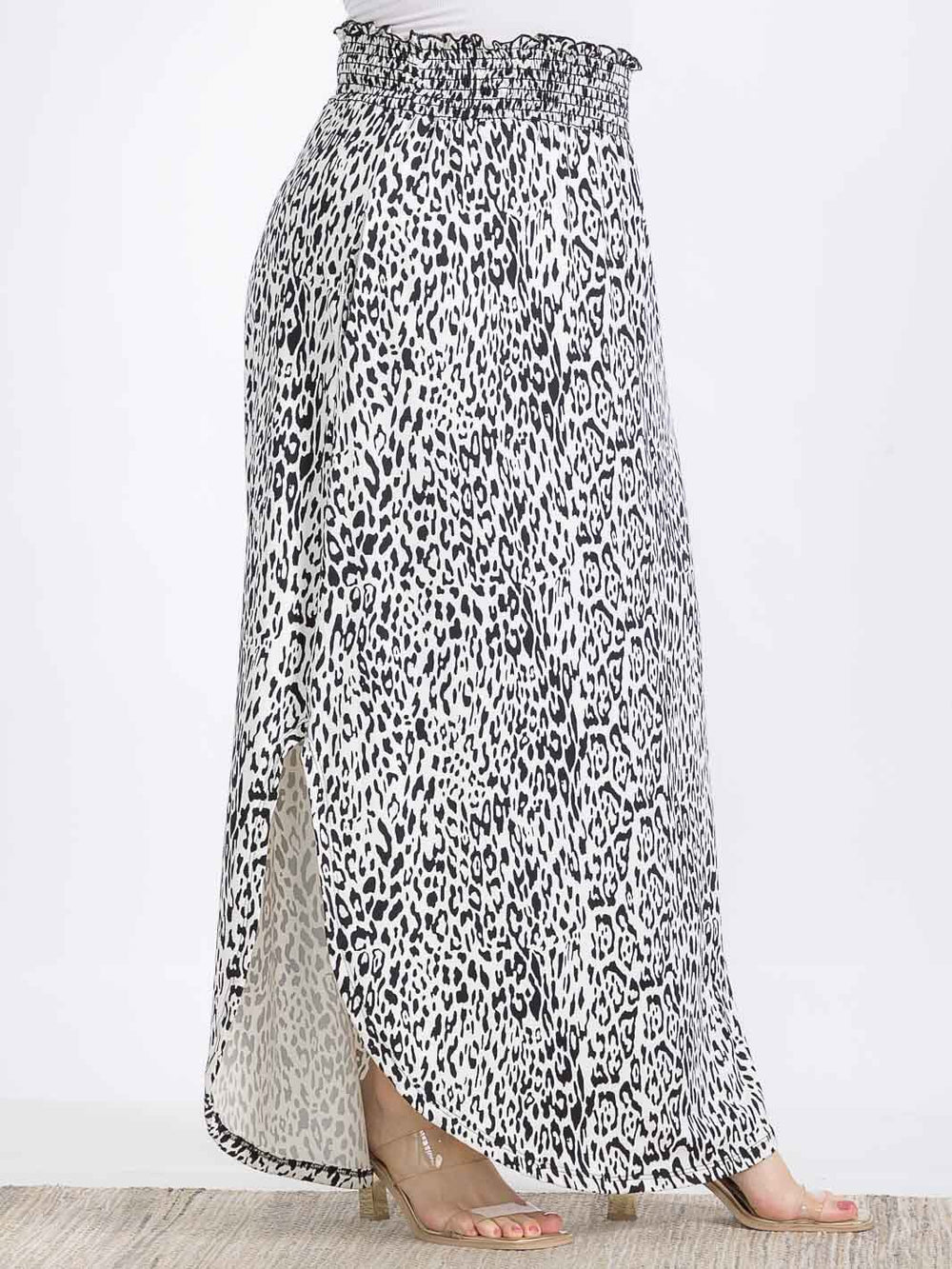 PLUS SIZE ELASTIC WAIST SIDE SLIT ANIMAL PRINT MAXI SKIRT