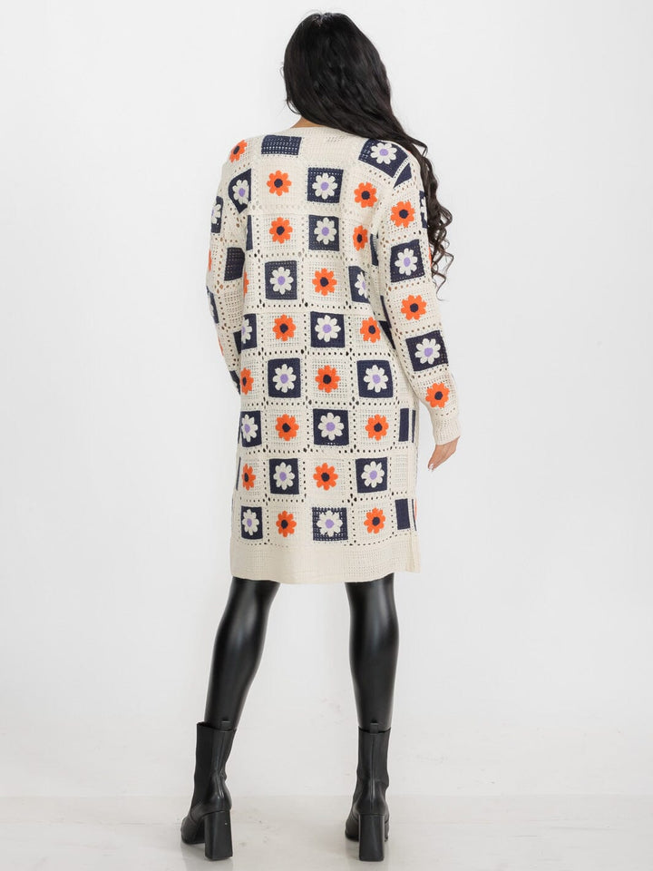 WOMEN'S LONG SLEEVES BUTTON CLOSURE KNIT FLORAL CARDIGAN