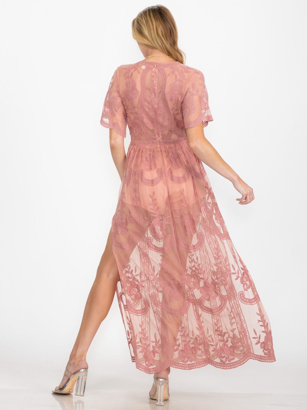 WOMEN'S SHORT SLEEVE V-NECK ALL OVER LACE MAXI DRESS