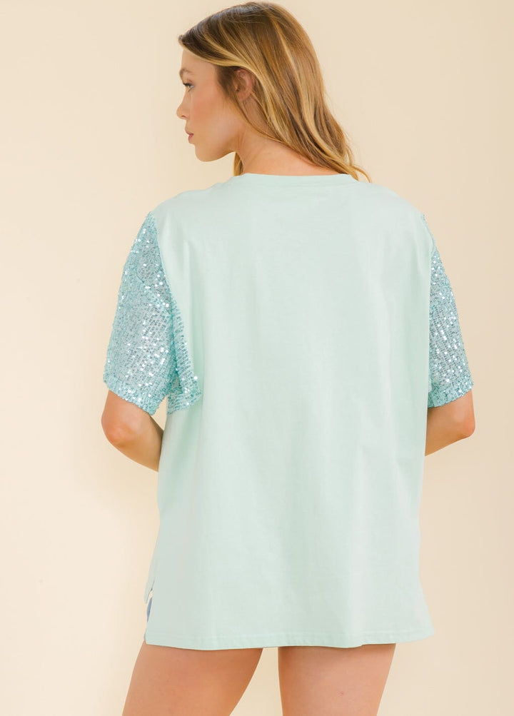 WOMEN'S SHORT SEQUINS SLEEVE HIGH-LOW TOP